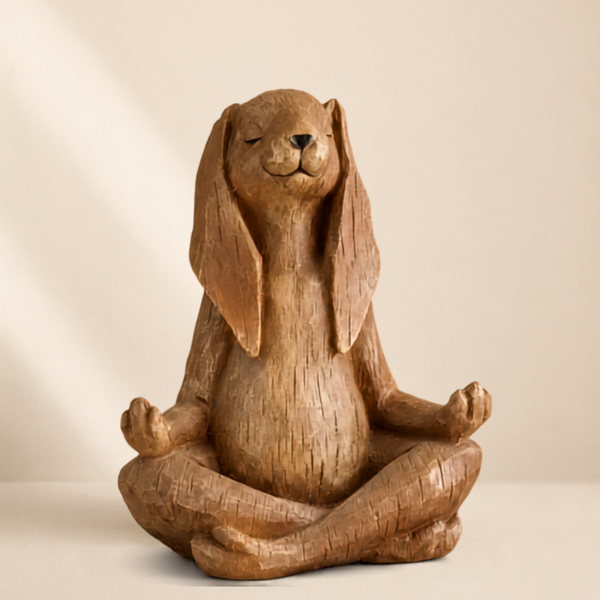 Wooden sculpture of a Bunny in a meditative pose on a beige background