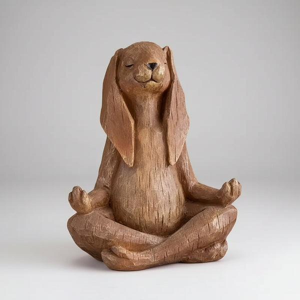 Wooden sculpture of a dog in a meditative pose on a wooden surface with a neutral background
