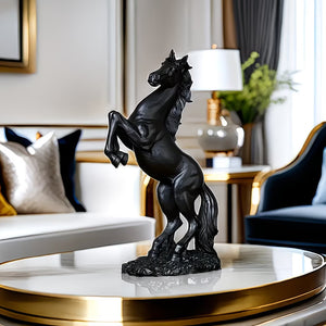 Black horse statue on a round table in a living room setting