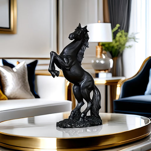 Black horse statue on a round table in a living room setting