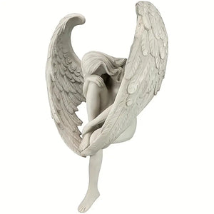 Winged Grace Angel statue in white resin, sitting elegant spiritual home decor. Auraworks